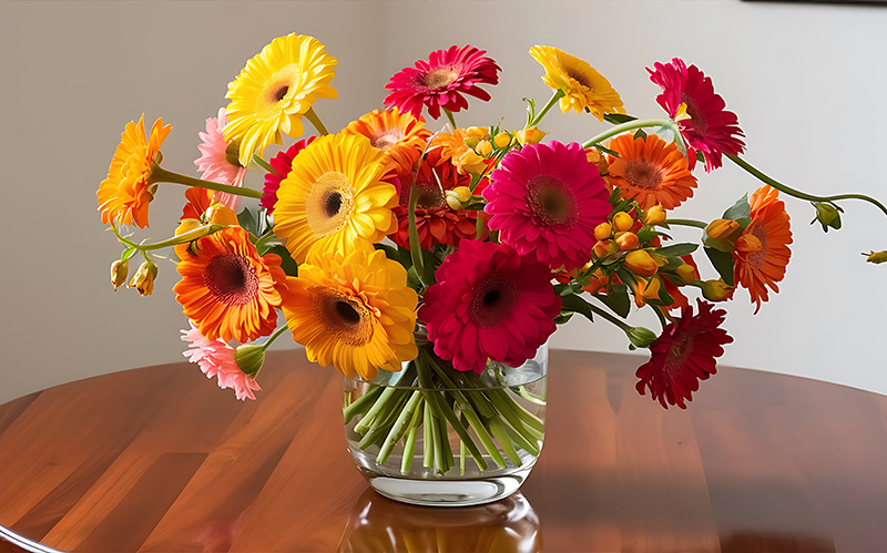 colorful-gerbera-daisy-arrangement-in-glass-vase-on-wooden-table