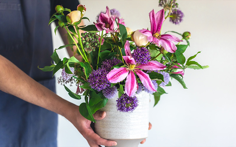 person-holding-ceramic-vase-with-vibrant-purple-and-pink-blooms