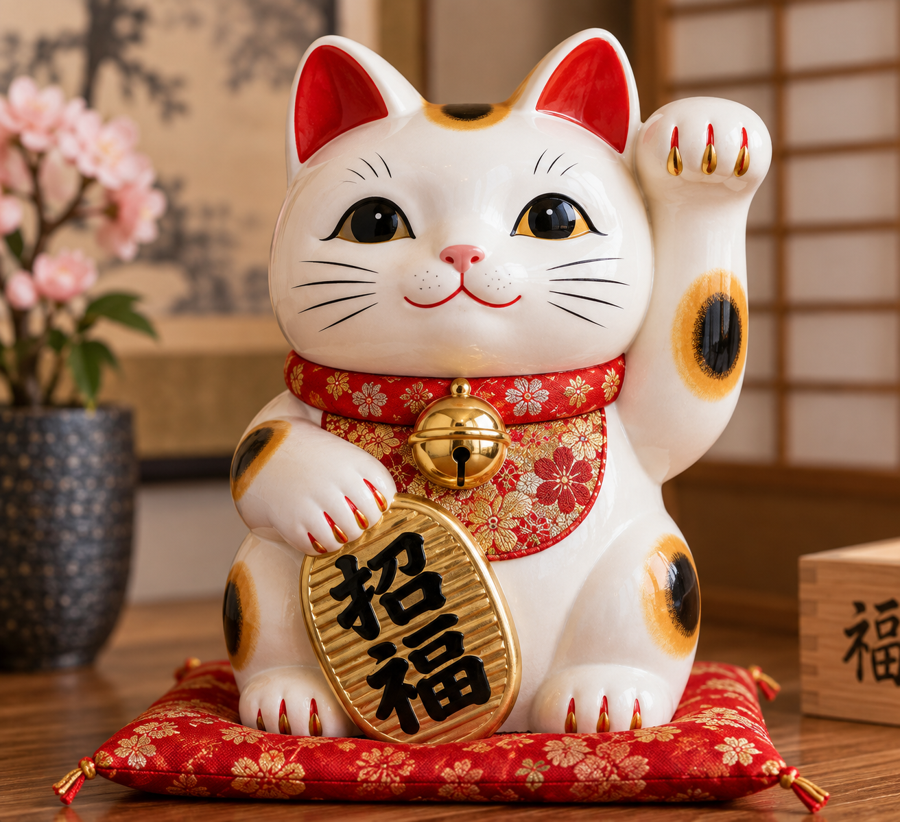 Maneki neko beckoning cat gold bell collar